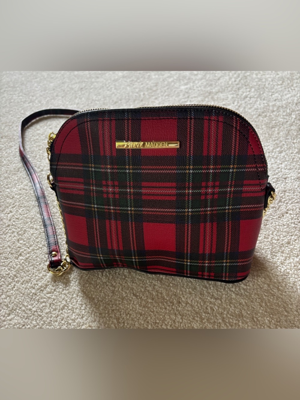 Steve Madden Red and Black Plaid Crossbody Bag with Gold Hardware